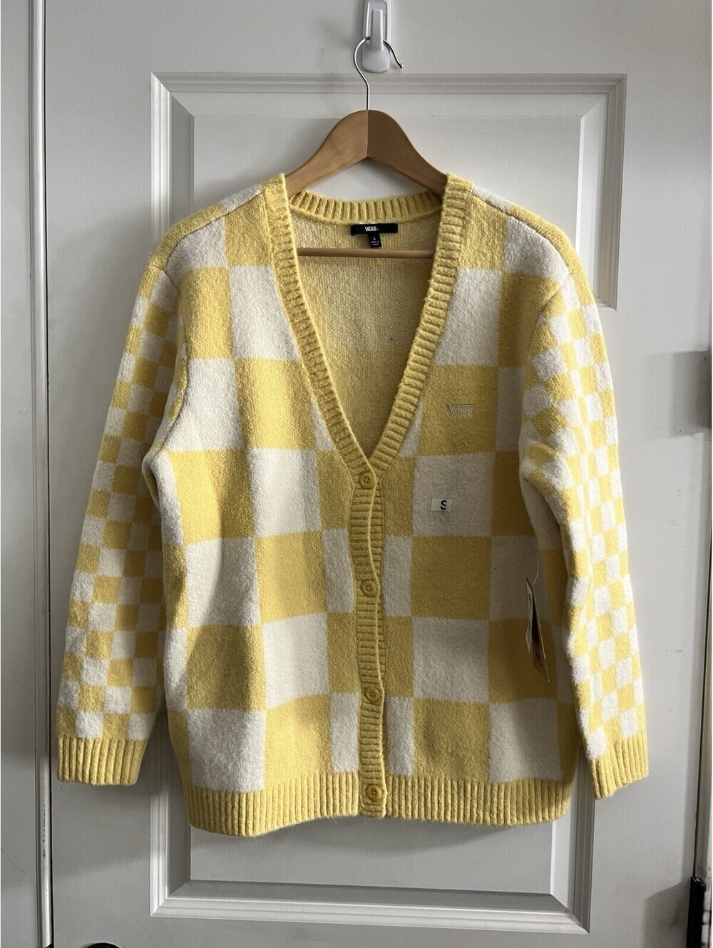 Vans Cardigan Sweater Women S Yellow White Checkered V Neck Button Knit Fuzzy